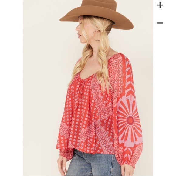 Free People Elena Red/Pink Cotton Floral Print Breezy Boho Long Sleeve S Small - Picture 12 of 13